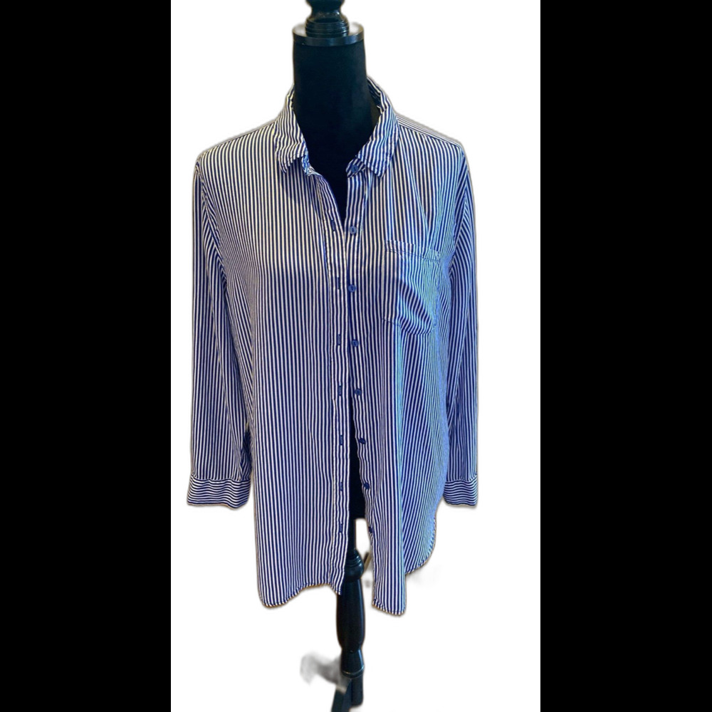 Grand & Greene Button Down Blouse Plus Size XL Blue White‎ Stripes Collar Pocket